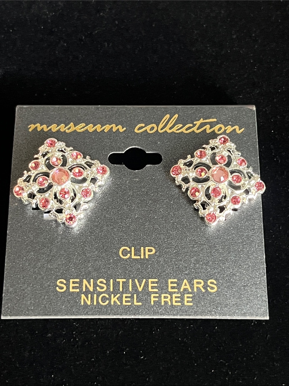 Pink Crystal Filigree Clip-On Earrings